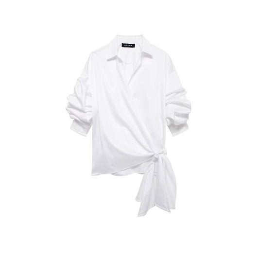 Lapel series irregular bow decorated poplin shirt