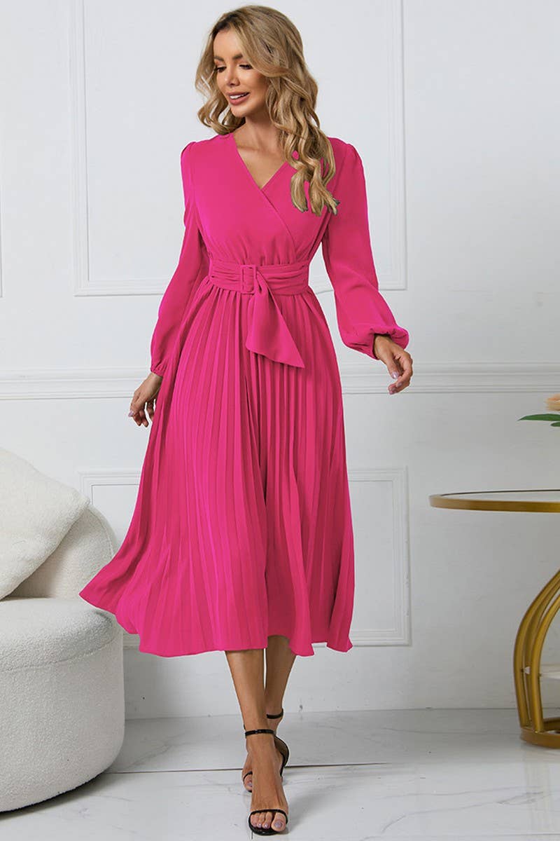 CWDMD1462_V-NECK LONG SLEEVED PLEATED DRESS