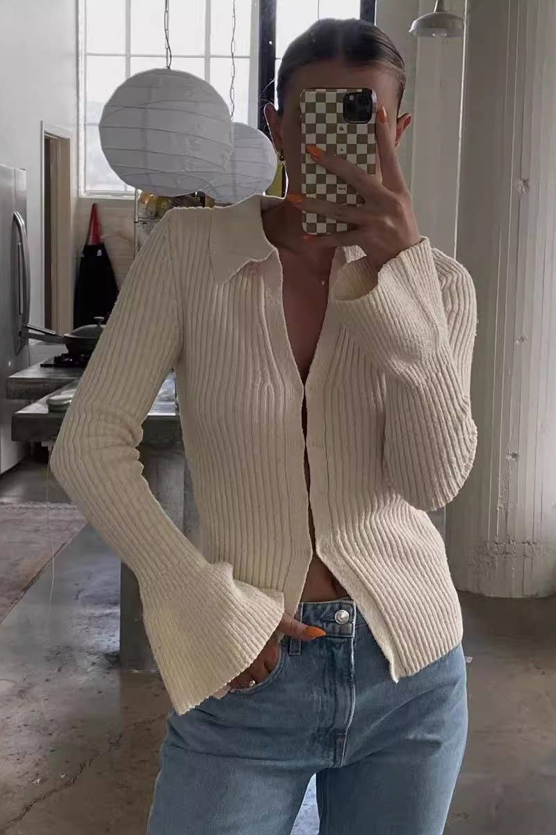 CWOCAL2219_SOLID COLOR LAPEL BELL SLEEVE KNITTED CARDIGAN