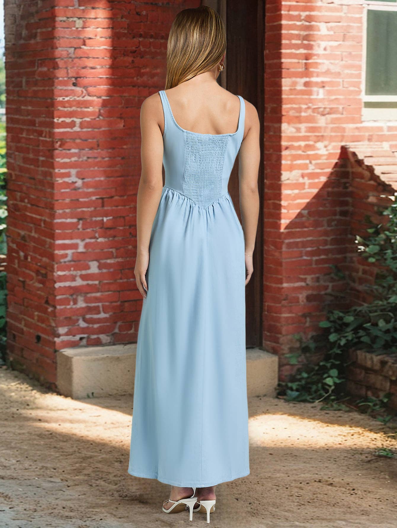 Solid-color elegant square-neck halter dress