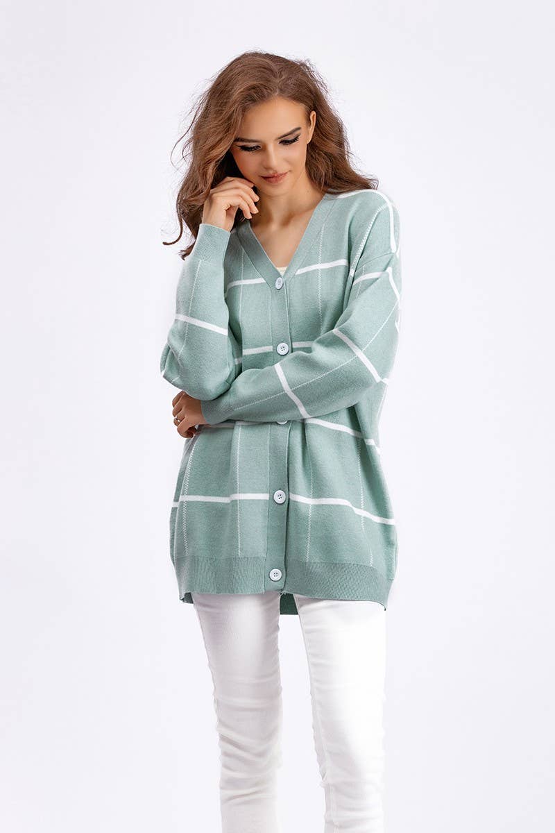 CWOCAL00671_STRIPED PLAID LOOSE KNIT CARDIGAN SWEATER