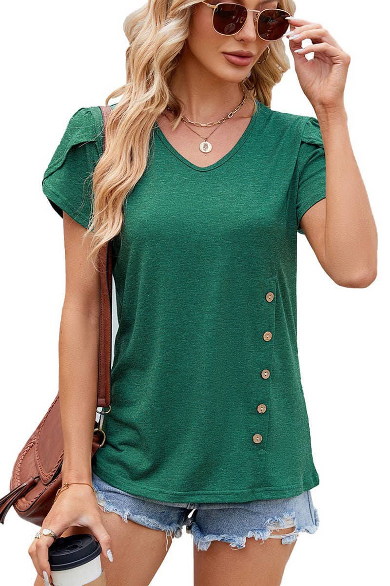 V NECK BUTTON PETALS SLEEVE SHORT SLEEVE SHIRT_CWTSTS0150