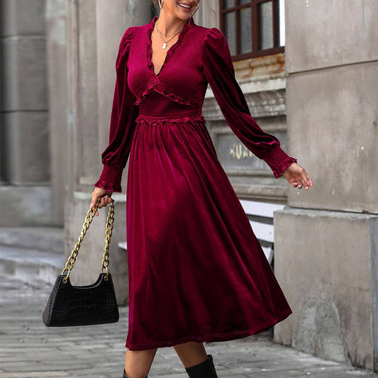 ELEGANT SPLICING WOODEN EAR EDGE VELVET DRESS