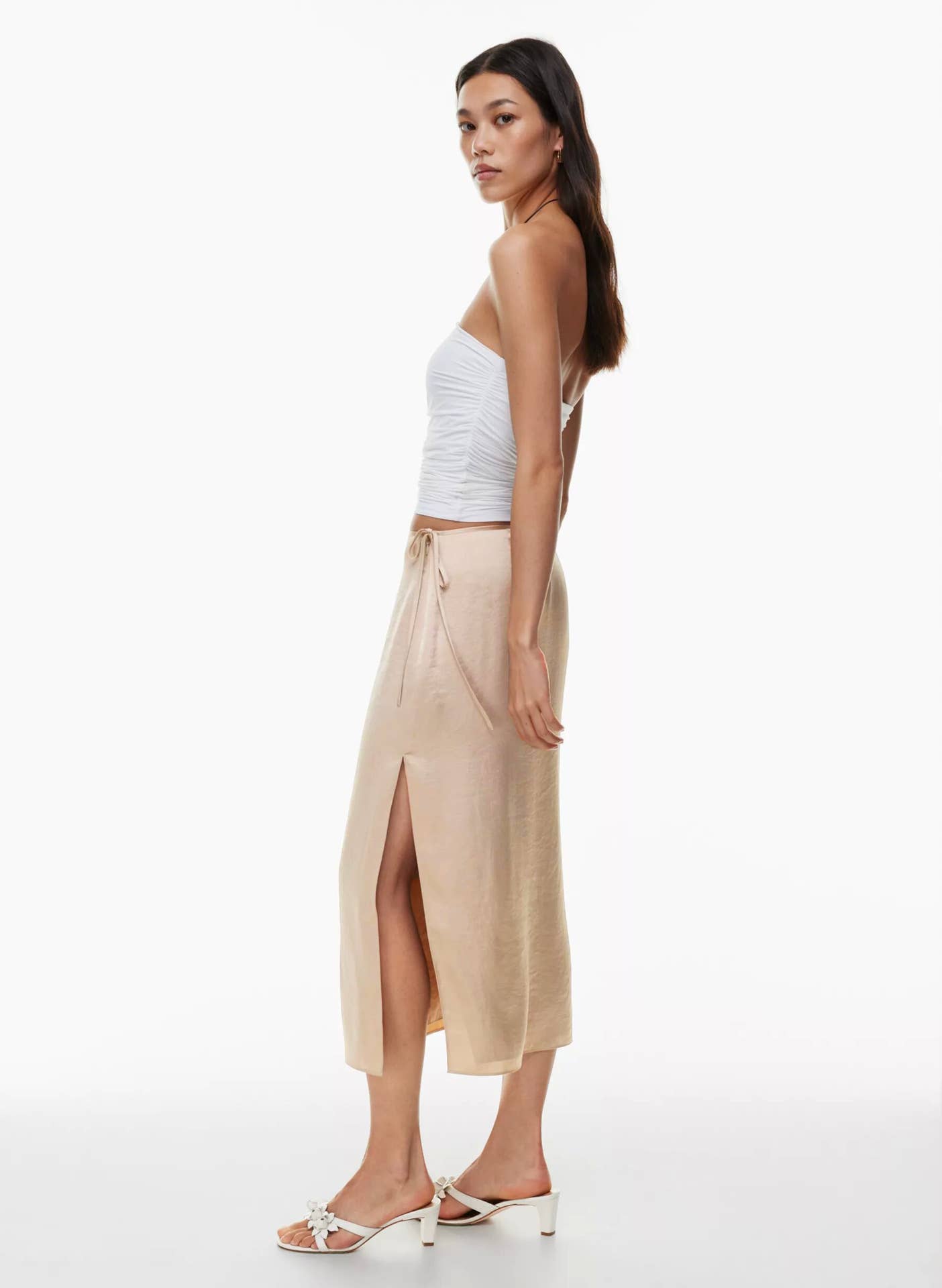 LACE UP SATIN SKIRT HIGH WAIST SLIT STRAIGHT SKIRT