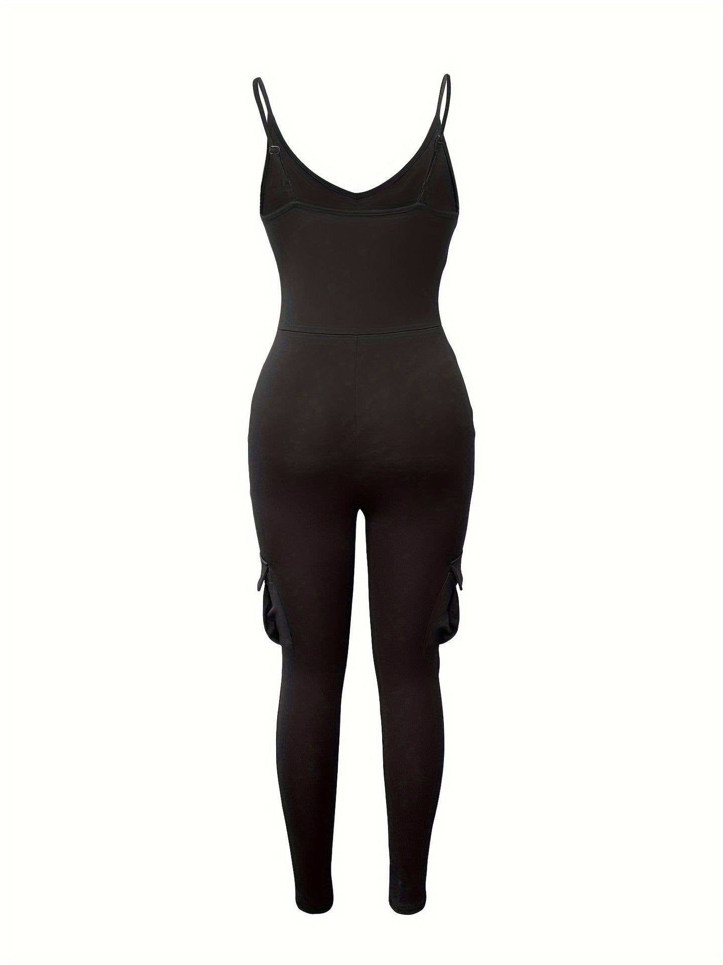 Strap V-neck cargo pocket hip sports jumpsuit