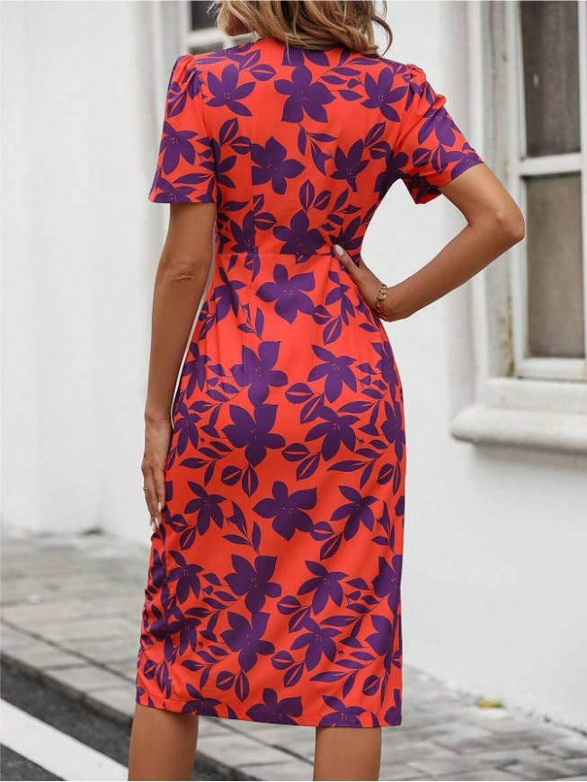 Printed V-neck slit hip-hugging elegant dress