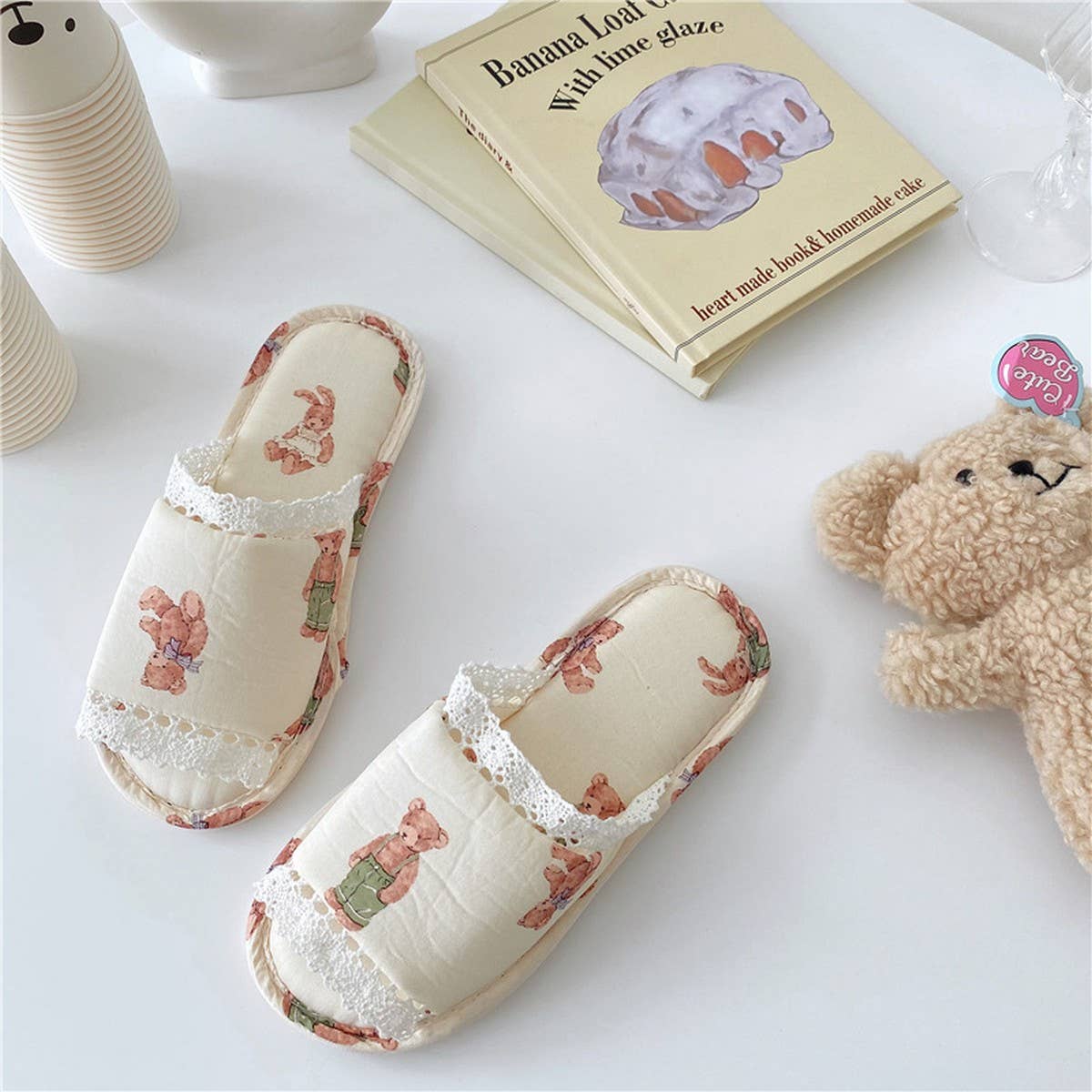 VINTAGE LACE RABBIT BEAR OPEN TOE HOME SLIPPERS