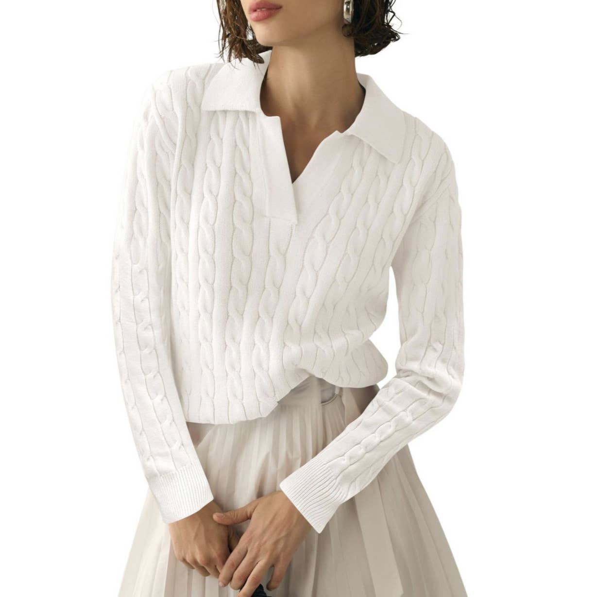 LAPEL V-NECK FLORAL KNIT PULLOVER CASUAL SWEATER