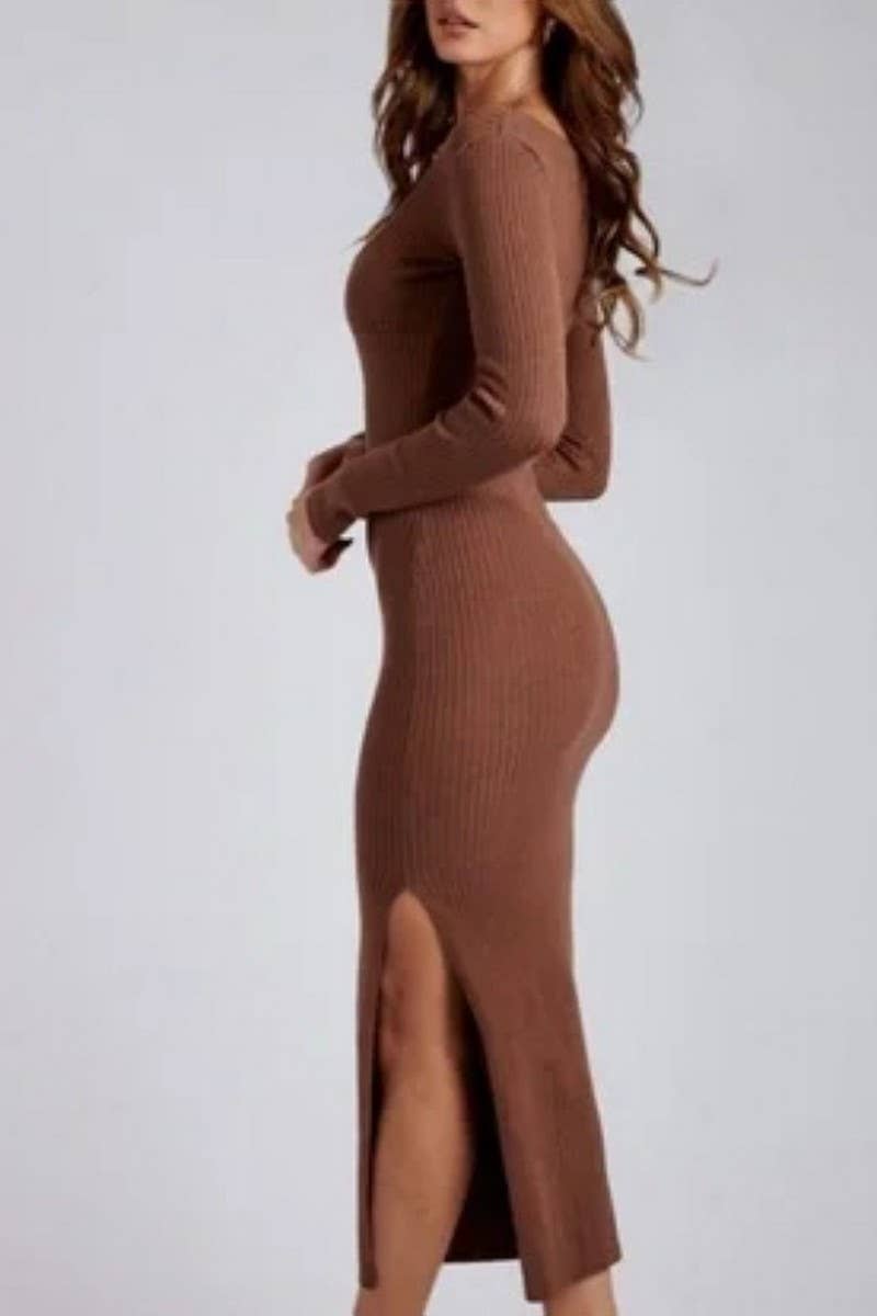 CWDMD3918_SQUARE NECK LONG SLEEVE SLIT KNIT HIP DRESS