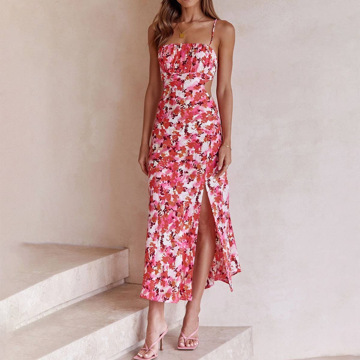 Hollowed-out back straps and slit halter dress