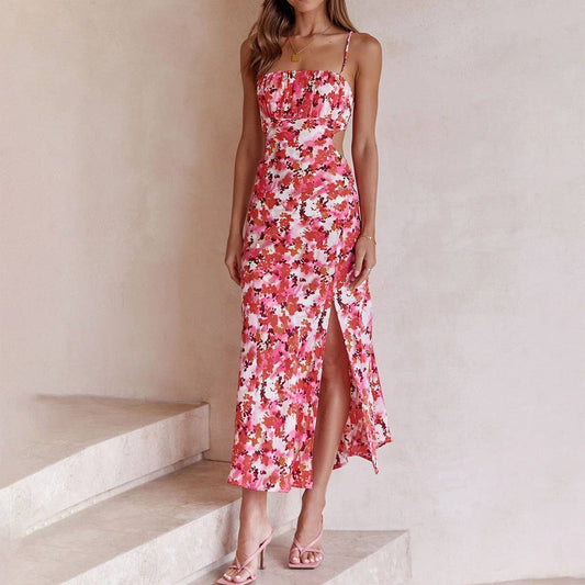 Hollowed-out back straps and slit halter dress