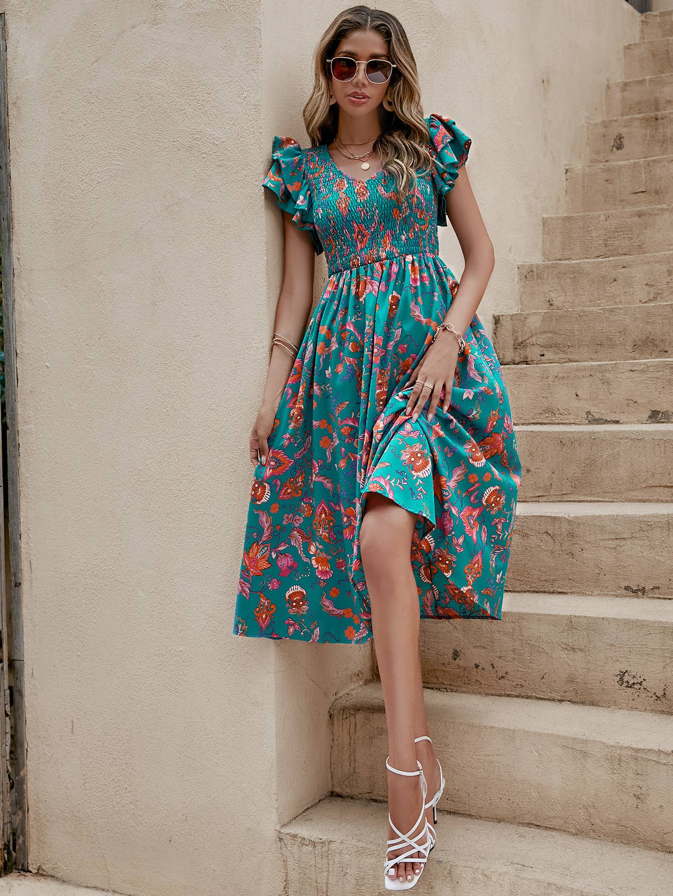 Printed V-neck short-sleeved cinched-waist dress