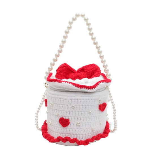 Personalized cake-shaped pearl chain knitted bag