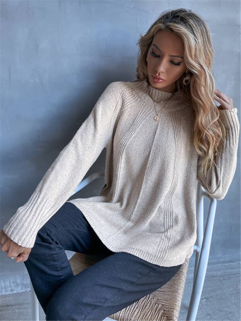 Versatile slit knitted long-sleeved sweater