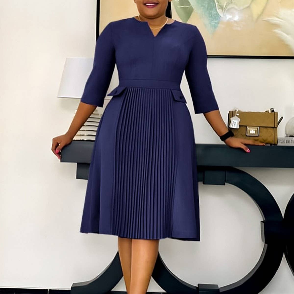 OVERSIZED PLEATED THREE-QUARTER SLEEVE DRESS_CWDSD6088