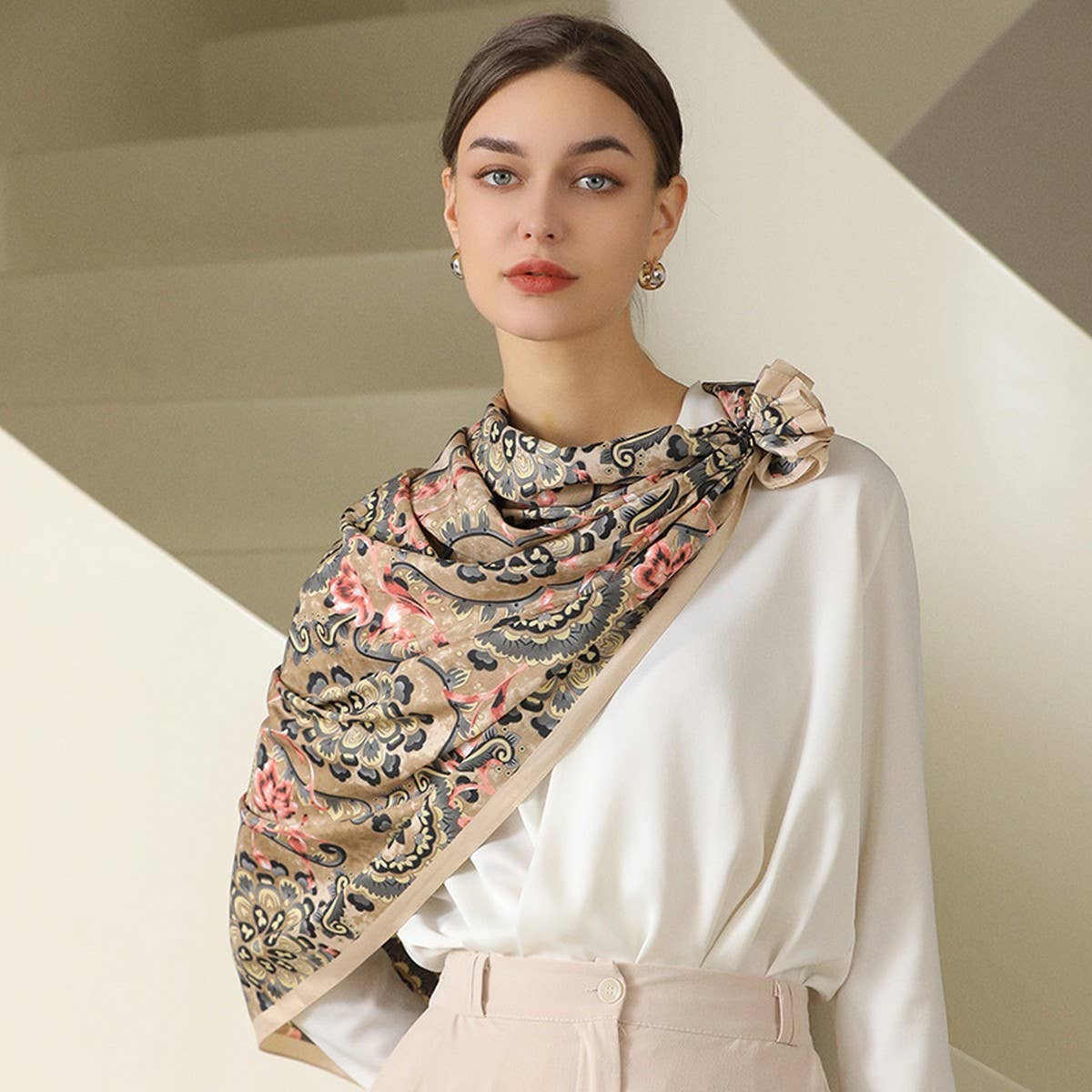 FLOWER PRINT SMALL NECK SILK SCARF SQUARE SCARVES