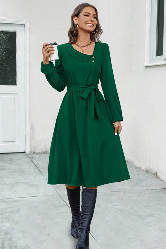 CWDSD4869_IRREGULAR NECKLINE TIE LONG SLEEVE DRESS
