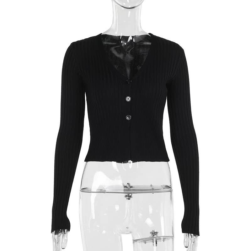 V-NECK WOOLEN LONG-SLEEVED SINGLE-BREASTED TOP