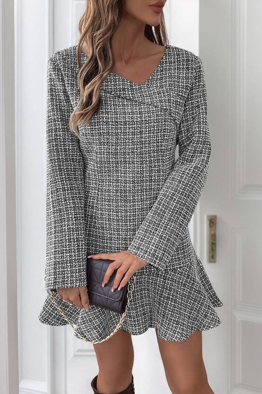 CWDSD6356_LONG SLEEVE IRREGULAR RUFFLE TWEED DRESS