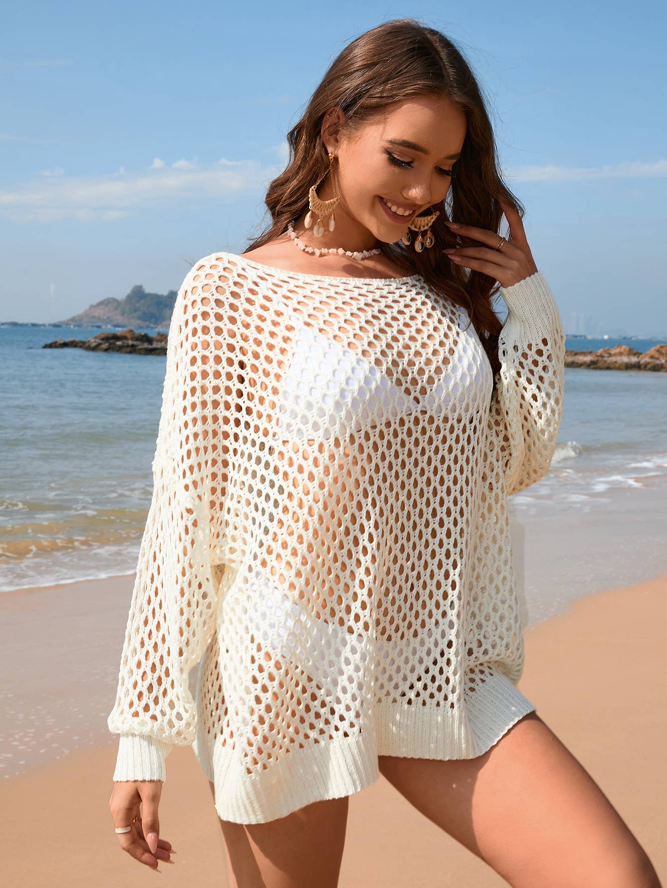 SOLID COLOR CREW NECK CUTOUT BIKINI BEACH SMOCK