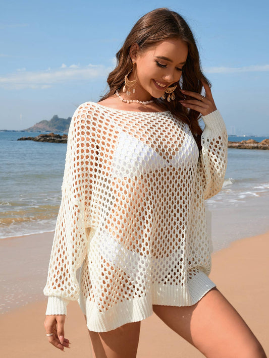 SOLID COLOR CREW NECK CUTOUT BIKINI BEACH SMOCK