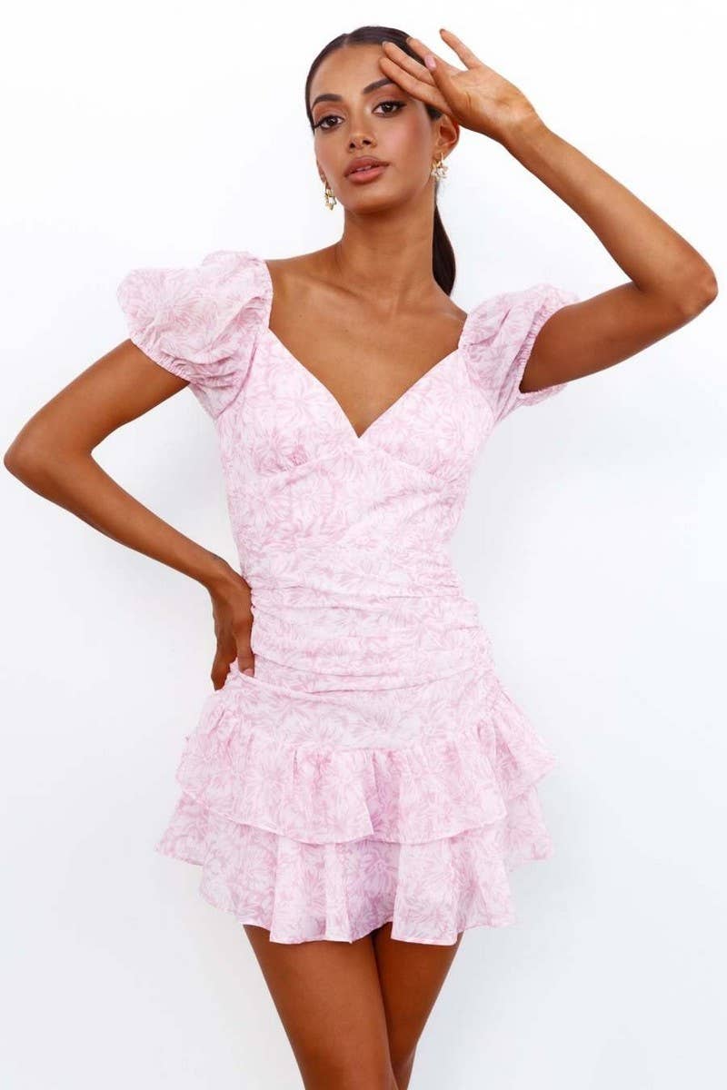 CWDSD7992_FLORAL V-NECK PUFF SLEEVE MINI DRESS WITH BOW