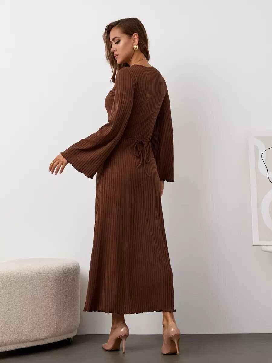 Loose U collar back strap flared sleeve dress