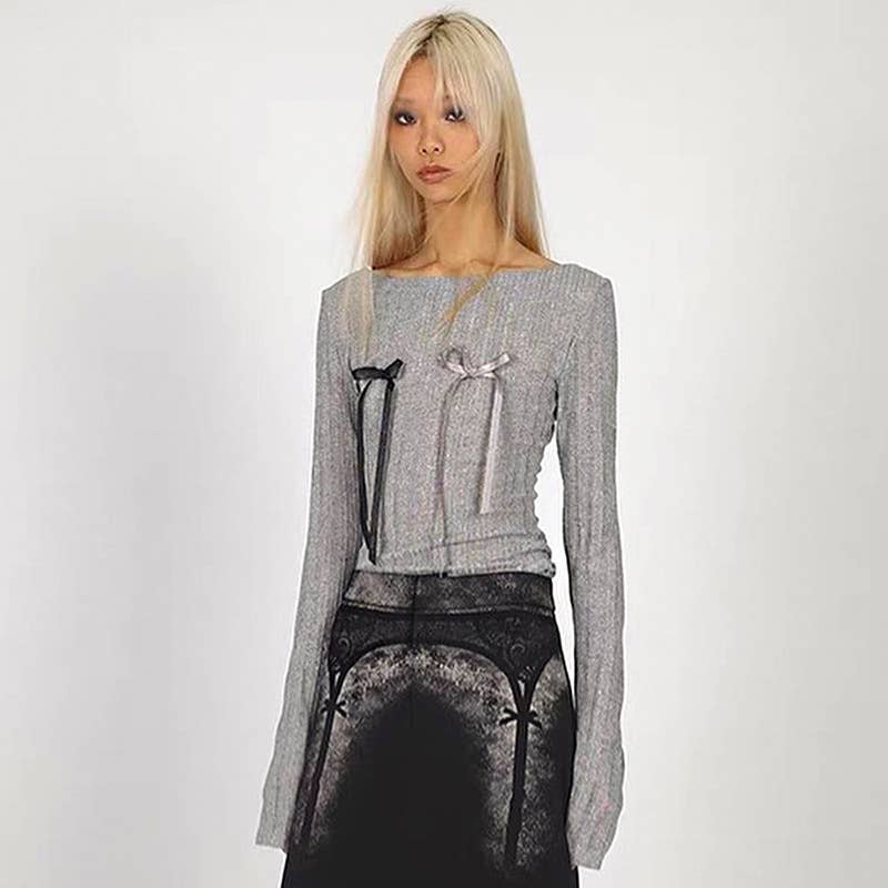 SOLID COLOR BOW ROUND NECK FASHION CASUAL TOP