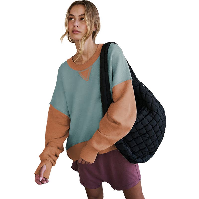 Two-tone round-neck loose pullover hoodie