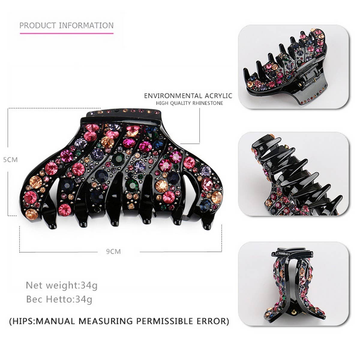 Rhinestone Acrylic Hair Claw, 6-Line Sparkle Clip