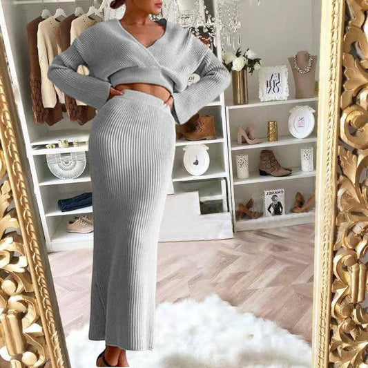 LONG SLEEVE V-NECK SWEATER LONG SKIRT SUIT
