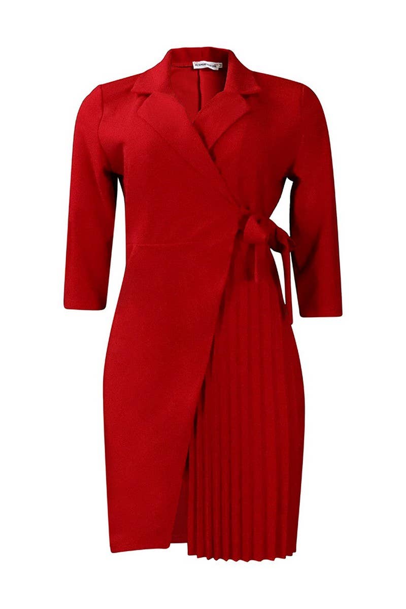 CWDSD3574_PLUS SIZE SUIT COLLAR STRAPPED PLEATED SHORT DRESS