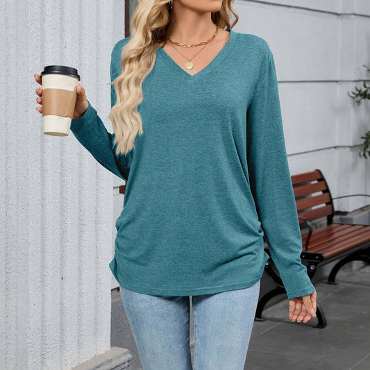 V-neck solid color loose long-sleeved T-shirt