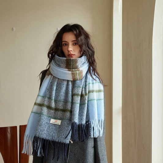 Blue Plaid Faux Cashmere Scarf ??Winter Warm_CWASC2337