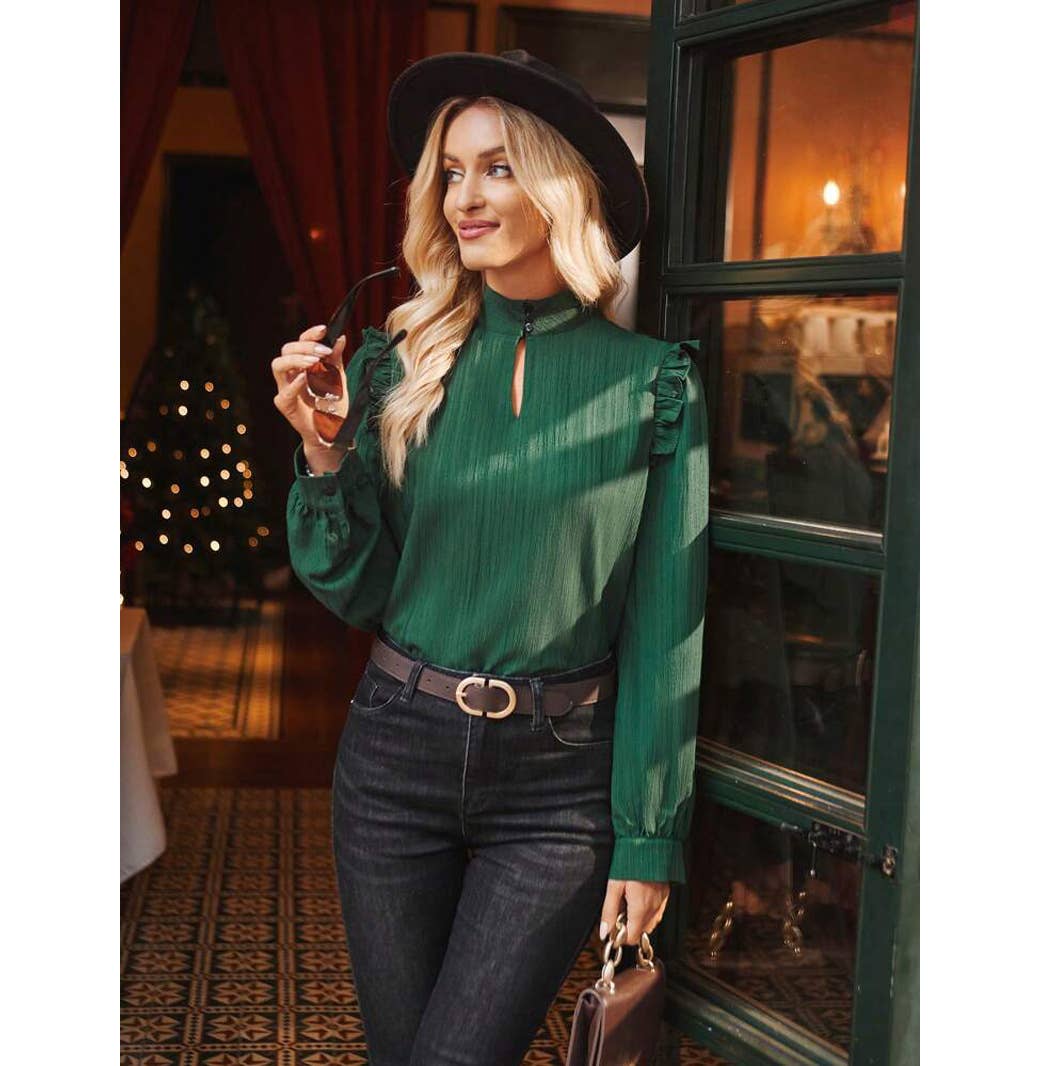 LONG SLEEVE SLIT NECKLINE EMBELLISHED TOP