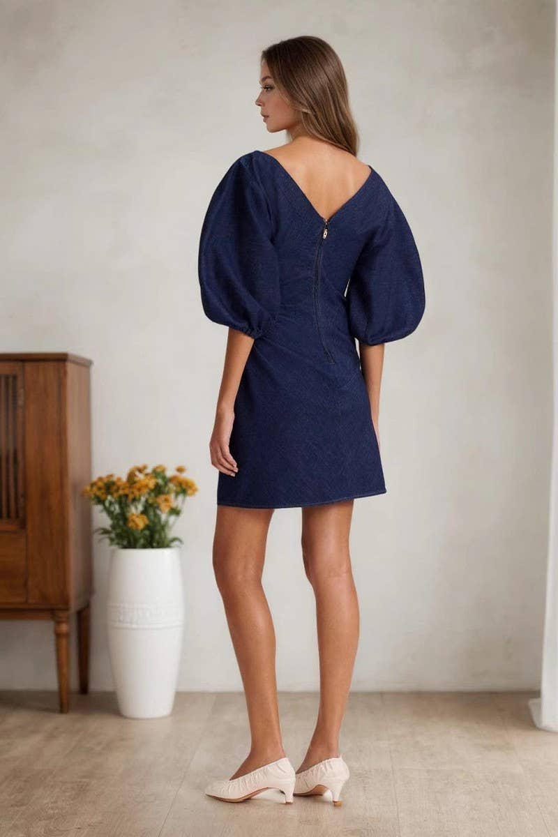 CWDSD8798_DENIM-INSPIRED OFF SHOULDER PUFF SLEEVE DRESS