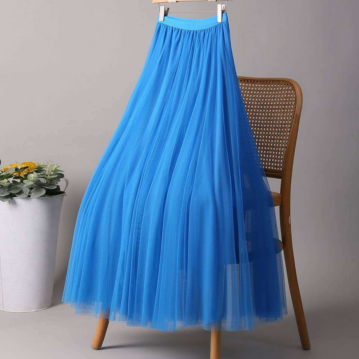 SOLID COLOR ELASTIC-WAIST MESH TULLE A-LINE SKIRT_CWBLS0372