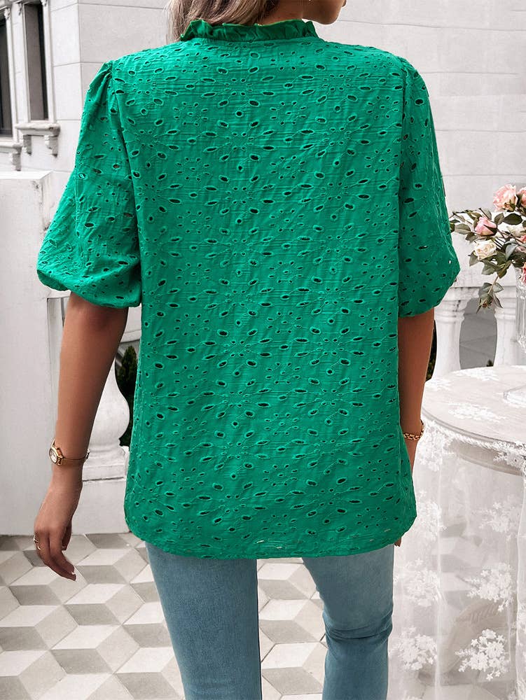 TEMPERAMENT PUFFED SLEEVE EMBROIDERED SHIRT
