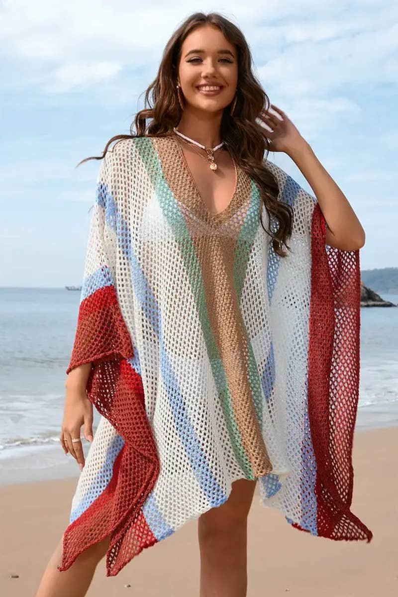CWDSD7357_SPLICED   HOLLOW BEACH DRESS LOOSE BIKINI COVER UP