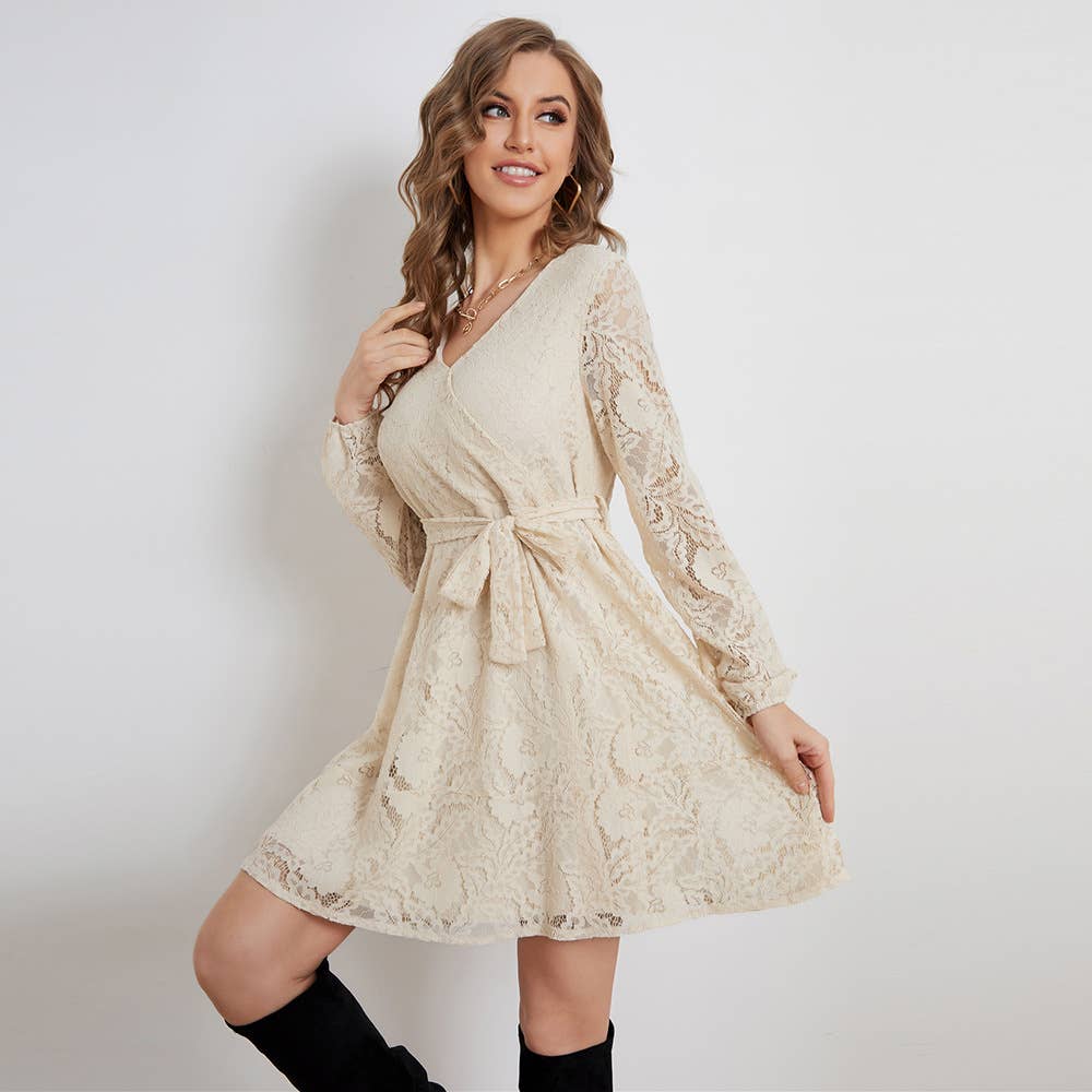 V-NECK STYLE LACE-UP LONG-SLEEVED DRESS