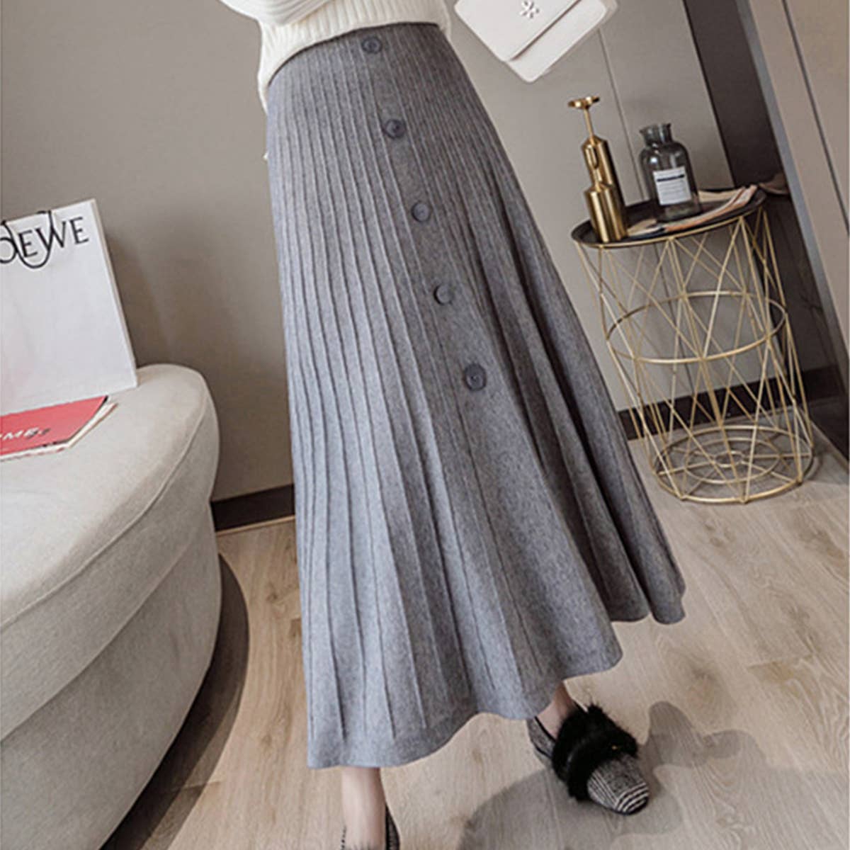 SINGLE BREASTED HIGH WAIST KNITTED SKIRT