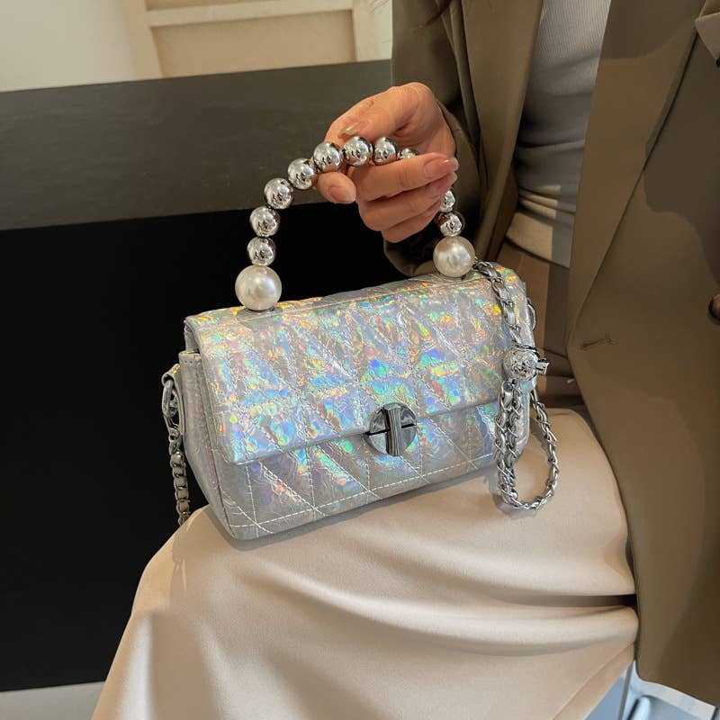 Laser pearl chain diamond single-shoulder bag