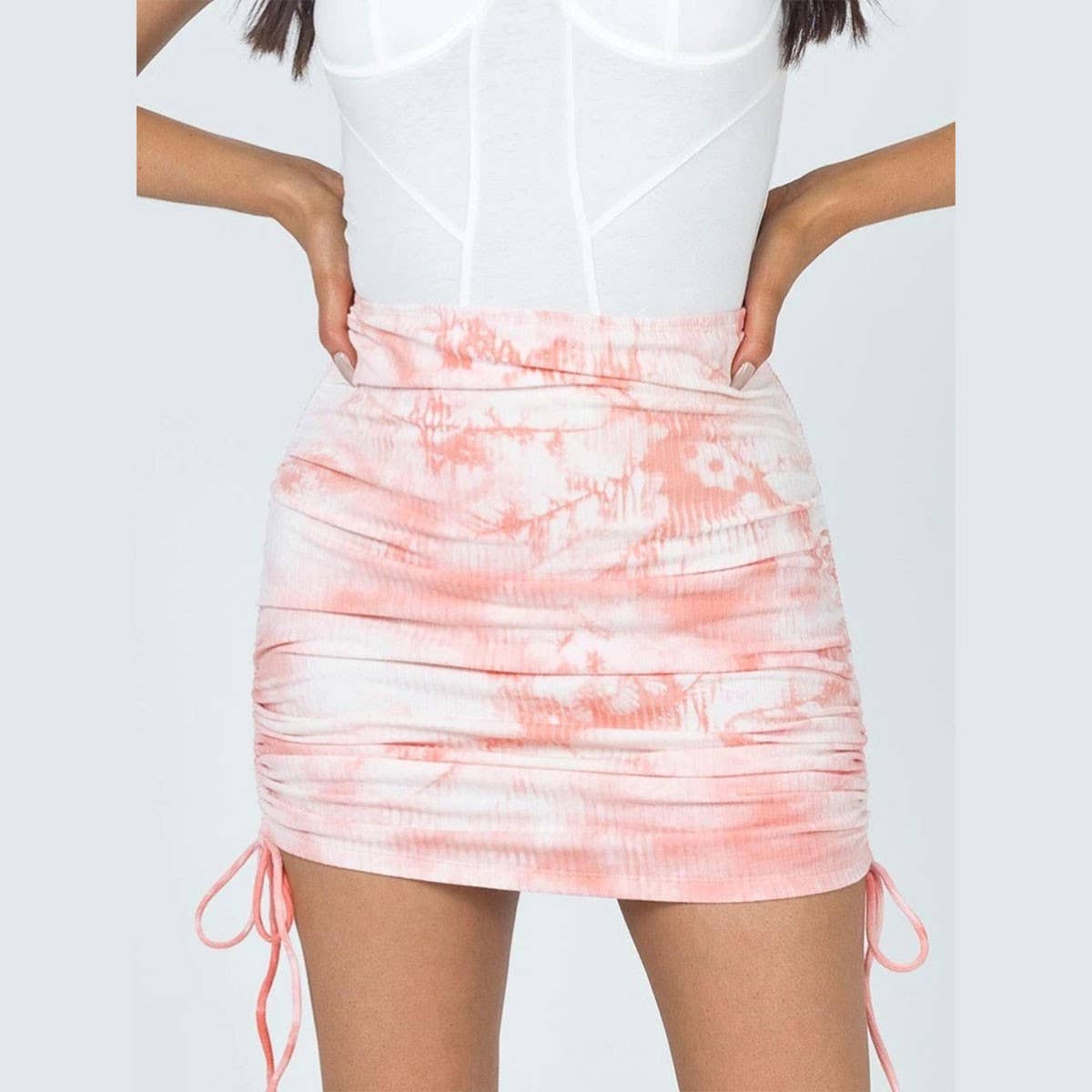 KNITTED DRAWSTRING SKIRT TIE-DYE PLEATED SKIRT