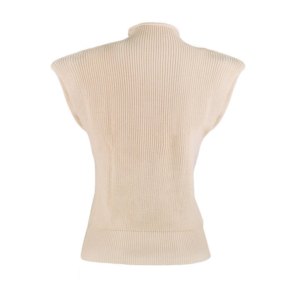 SOLID SLEEVELESS TURTLENECK SHOULDER PAD SWEATER