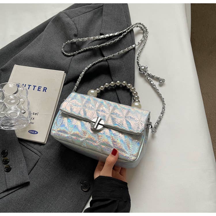 Laser pearl chain diamond single-shoulder bag