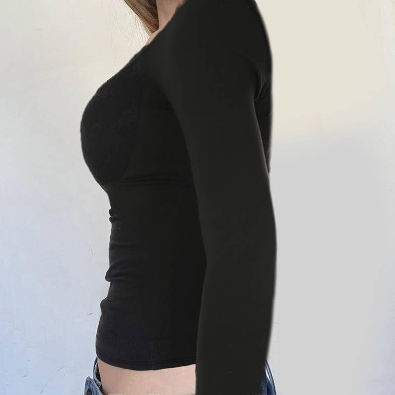 U-neck slim fit lace patchwork long sleeve Top