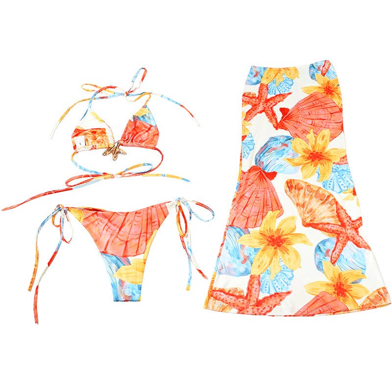 Sexy Tie Front Printed Bikini Three-Piece Set
