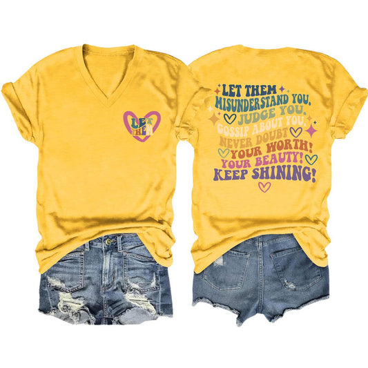 V-neck and fun letters Elegant women's T-shirt