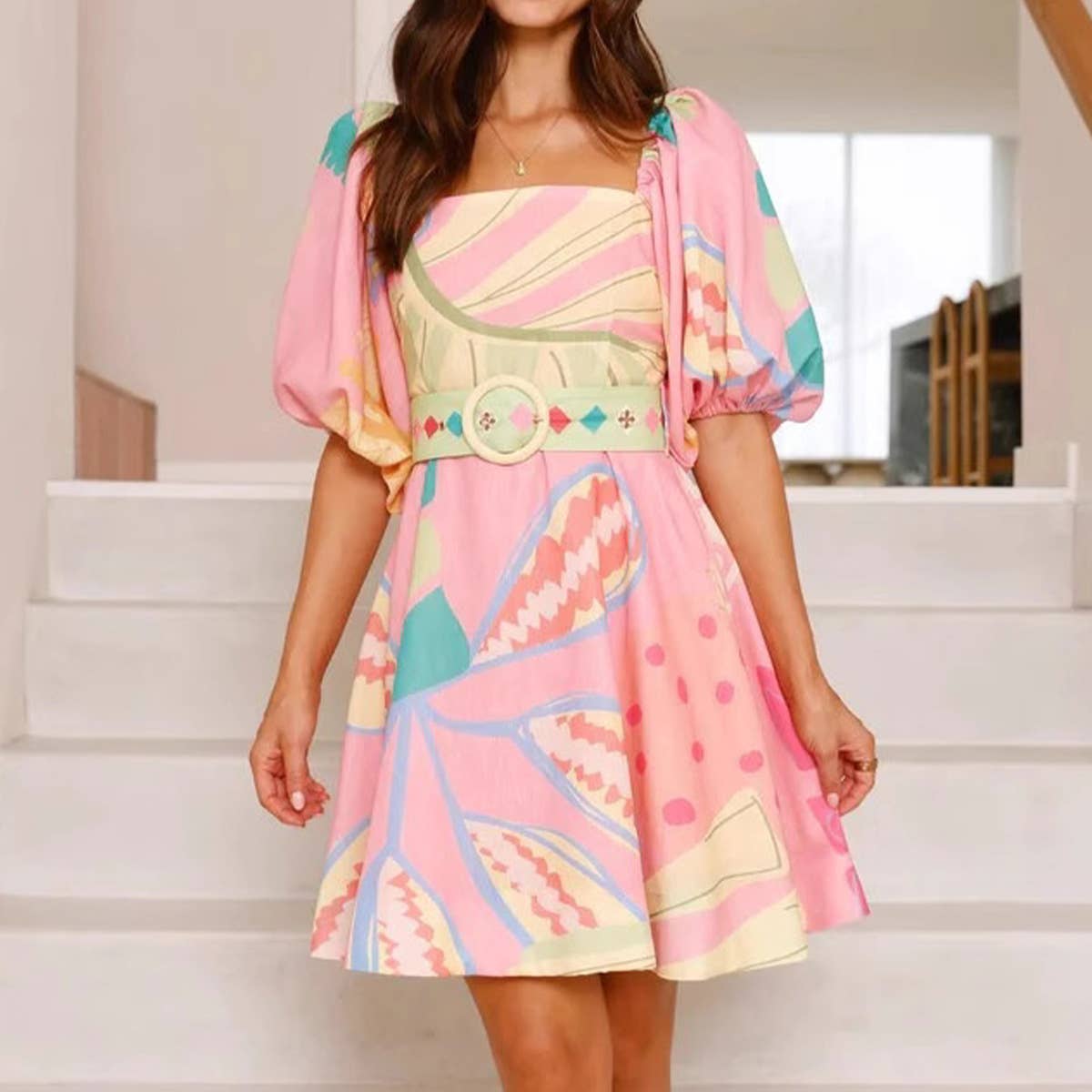 Stylish puffed sleeve linen belt waist dress