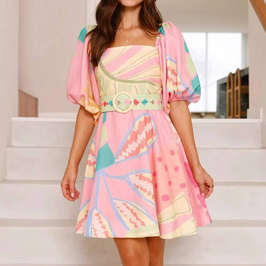 Stylish puffed sleeve linen belt waist dress